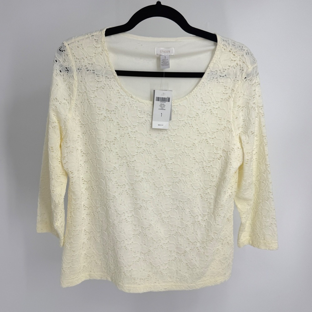 Chicos Lacey Lace Top 3/4 Sleeve Ecru Cream Floral Scoop Neck Size 1 M NEW
